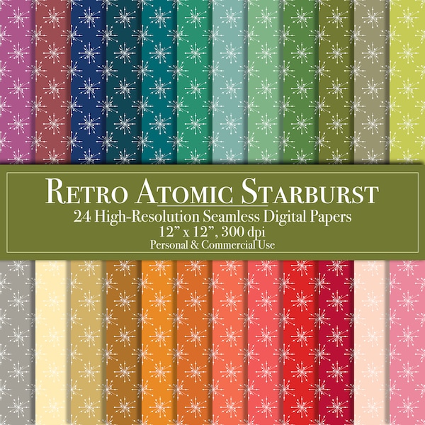 Atomic Starburst Digital Paper Set, Seamless Pattern Scrapbook Paper, Commercial Use, Instant Download, Junk Journal Printable Vintage 1950s