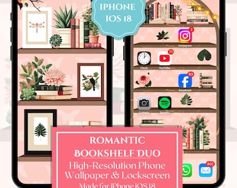 Romantic Bookshelf Wallpaper for iPhone iOS 18 - Large Icons Friendly I Lock Screen and Wallpaper Matching Duo I Tropical Book Lover's Gift