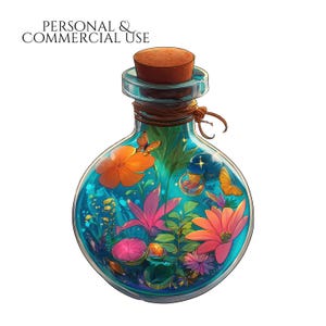 Round potion bottle clipart with blue liquid, flowers, butterflies, and glowing magical elements