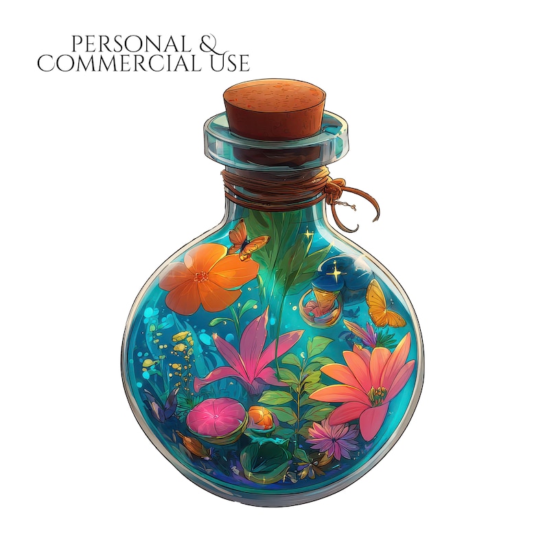 Round potion bottle clipart with blue liquid, flowers, butterflies, and glowing magical elements