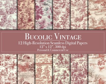 May include: Twelve digital papers featuring a vintage, rustic, toile-style pattern with a red and white color scheme. The pattern includes trees, houses, and a river. The papers are 12 inches by 12 inches and 300 dpi.