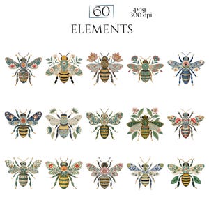 William Morris Bee Clipart, Arts & Crafts Bee PNG Graphics, Victorian Bee Illustrations (60 Files, Transparent Background)