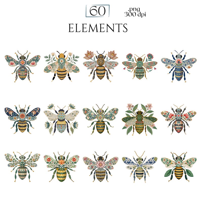 William Morris Bee Clipart, Arts & Crafts Bee PNG Graphics, Victorian Bee Illustrations (60 Files, Transparent Background)