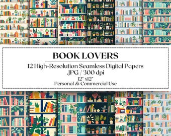 Buch-Liebhaber-Digital-Papier, Bücherregal-nahtloses digitales Scrapbook-Papier, Planer-kommerzielle Nutzung, Junk-Journal-Hintergrund-druckbares Bibliophile