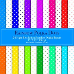 May include: 24 digital papers featuring a rainbow polka dot pattern. Each paper is 12 inches by 12 inches and 300 dpi. The papers are for personal and commercial use.