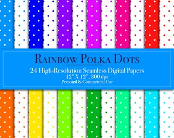 Rainbow Polka Dots Digital Paper Pack - Multicolor Seamless Patterns, Scrapbook Papers, Commercial Use, Instant Download, Printables