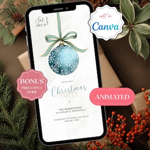May include: A smartphone displays a Christmas party invitation. The invitation features a blue ornament with snowflake details, teal ribbon, and the text "Christmas Party." Additional text includes the date, time, and location.