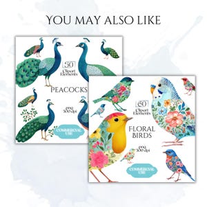 Puede incluir: Dos impresiones de arte digital con ilustraciones de acuarela de aves y pavos reales. Una impresi&oacute;n est&aacute; etiquetada como "PEACOCKS" y la otra como "FLORAL BIRDS". Ambas impresiones incluyen el texto "COMMERCIAL USE" y "300 dpi".