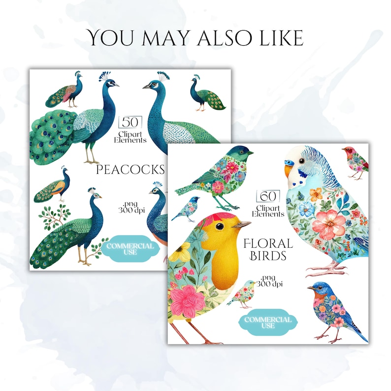 Puede incluir: Dos impresiones de arte digital con ilustraciones de acuarela de aves y pavos reales. Una impresi&oacute;n est&aacute; etiquetada como "PEACOCKS" y la otra como "FLORAL BIRDS". Ambas impresiones incluyen el texto "COMMERCIAL USE" y "300 dpi".