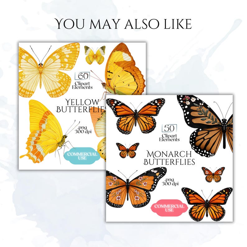 May include: Two digital art prints featuring butterfly illustrations. One showcases yellow butterflies, the other, monarch butterflies. Each print includes the text "Clipart Elements", "Yellow Butterflies", "Monarch Butterflies", and "Commercial Use".
