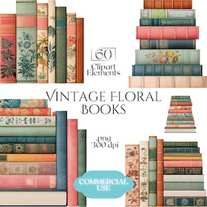 Vintage Floral Books Clipart, Watercolor Antique Book Images, Library Shelf PNG Graphics (60 Files, Transparent Background)