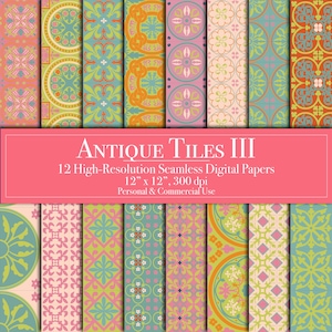 May include: Twelve digital paper designs featuring antique tile patterns in a variety of colours, including green, blue, pink, yellow, and orange. The papers are 30.5 cm by 30.5 cm and 300 dpi.  ANTIQUE TILES III.  Personal & Commercial Use.