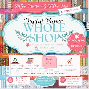May include: A digital paper collection bundle featuring over 285 collections and 5,000 files. The graphic displays the text Digital Paper WHOLE SHOP, includes lifetime access, commercial use, and a visual timeline showing growth from 2024 to 2025.