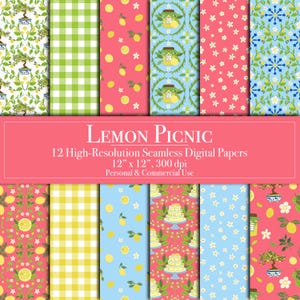 Papier numérique citron pique-nique, agrumes mignon sans couture scrapbooking numérique planificateur usage commercial Junk Journal arrière-plan imprimable fabrication de cartes gâteau