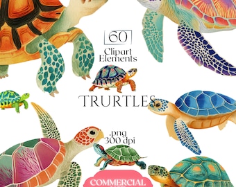 Turtles Clipart, Watercolor Sea Turtle Ephemera, Printable Turtle Illustrations for Crafts, Stickers, Kids Art, Classroom Decor, Invitations