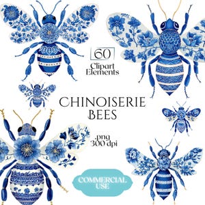 Chinoiserie-bi Clipart, Delft-bin PNG-grafik, blå & vita keramiska biillustrationer (60 filer, transparent bakgrund)