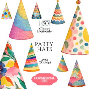 Könnte beinhalten: Aquarell-Partyhüte in verschiedenen Designs, darunter Punkte, Streifen und Blumenmuster. Das Bild enthält den Text "Party Hats" und "Commercial Use."