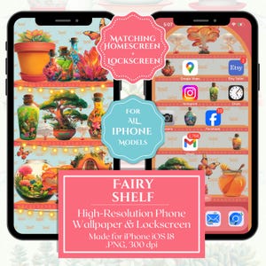 Puede incluir: Dos iPhones que muestran un fondo de pantalla y una pantalla de bloqueo con temática de hadas. El diseño presenta estanterías con botellas coloridas, plantas y una casa de hadas. El texto incluye "Matching Homescreen + Lockscreen" y "Fairy Shelf".