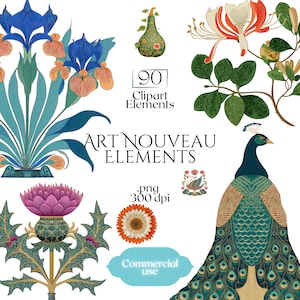 Può includere: Elementi di arte digitale in stile Art Nouveau. L'immagine presenta un pavone, fiori e altre illustrazioni botaniche. Il testo include "90 Clipart Elements", "Art Nouveau Elements", ".png 300 dpi" e "Commercial use".
