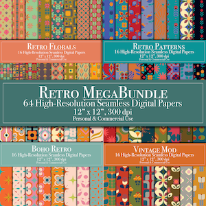 Retro Digitales Papier MegaBundle Nahtlose Muster Scrapbook Papier Kommerzielle Nutzung Instant Download Junk Journal Printable Mod Blumen Sterne DIY