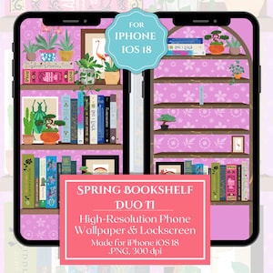 Spring II Bookshelf Wallpaper for iPhone iOS 18 - Large Icons Friendly I Lock Screen and Wallpaper Matching Duo I Seasonal Book Lover&#39;s Gift