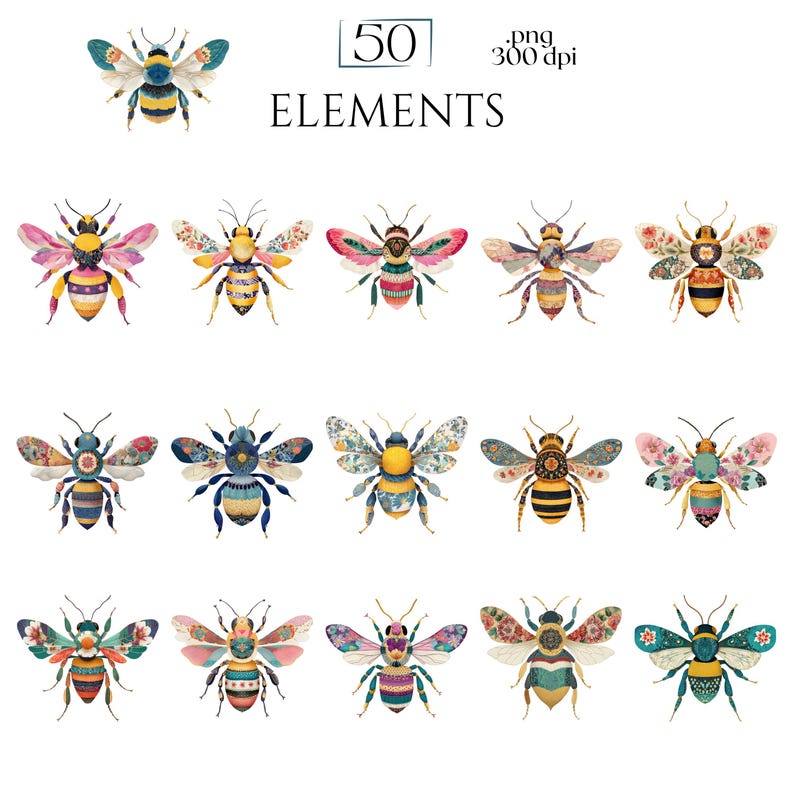 Patchwork Bee Clipart, Quilted Bees PNG Images, Decorative Bee Graphics (50 Files, Transparent Background)