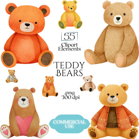 Teddy Bear Clipart, Cute Bear PNG Graphics, Baby Shower & Nursery Illustrations (55 Files, Transparent Background)