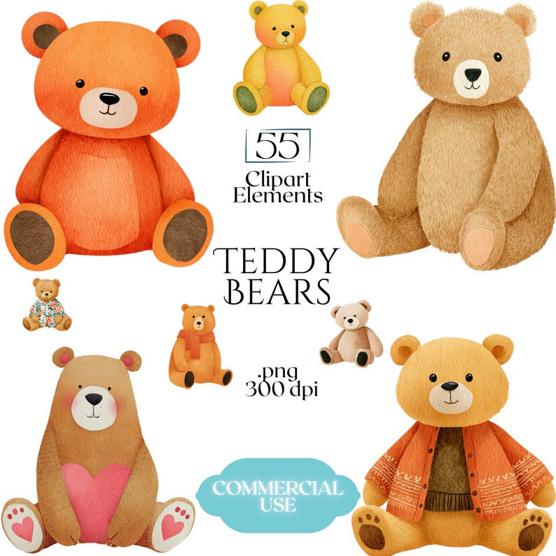 Teddy Bear Clipart, Cute Bear PNG Graphics, Baby Shower & Nursery Illustrations (55 Files, Transparent Background)