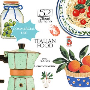 Clipart Italiaans eten, pasta en olijfolie PNG-bundel, Italiaanse keukenillustraties, mediterrane ingrediënten, kookblog Graphics Pack