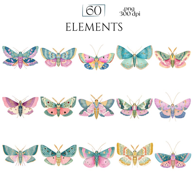 Pastel Moths Clipart, Watercolor Moth Illustrations, Colorful Moth PNG Graphics (60 Files, Transparent Background)