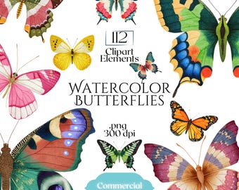 Watercolor Butterflies Clipart, Butterfly PNG Files, Garden Insect Graphics for Wedding, Stickers, Scrapbook, Invitations, & Digital Design