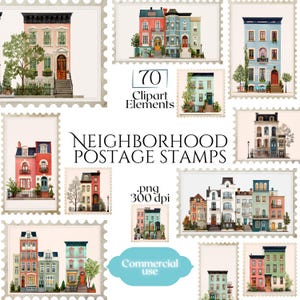 May include: A collection of watercolor-style postage stamps featuring colorful illustrations of various townhouses and buildings. The stamps are arranged on a light beige background, with the text "Neighborhood Postage Stamps" and "Commercial use".
