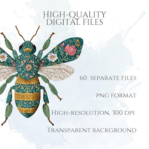 William Morris Bee Clipart, Arts & Crafts Bee PNG Graphics, Victorian Bee Illustrations (60 Files, Transparent Background)