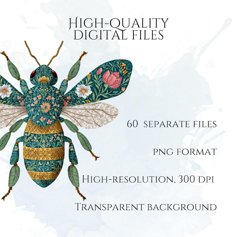 William Morris Bee Clipart, Arts & Crafts Bee PNG Graphics, Victorian Bee Illustrations (60 Files, Transparent Background)