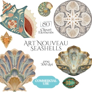 May include: A selection of Art Nouveau seashell clipart elements. The designs feature intricate floral patterns in shades of blue, orange, and gold. The image includes the text "80 Clipart Elements", "Art Nouveau Seashells", and "Commercial Use".