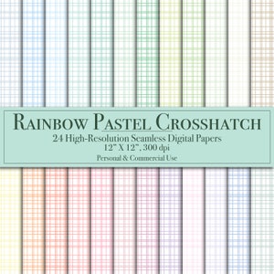 Puede incluir: 24 papeles digitales con un patrón de trama cruzada pastel arcoíris. Cada papel mide 30,5 cm por 30,5 cm y 300 dpi. Los papeles son para uso personal y comercial.