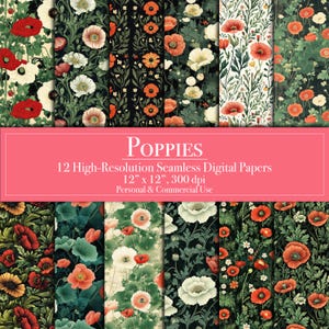 Papier numérique Coquelicots, Papier de scrapbooking numérique sans couture Coquelicots, Agenda à usage commercial, Arrière-plans de journaux indésirables, Imprimable, Fabrication de cartes, DIY