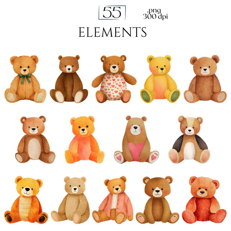 Teddy Bear Clipart, Cute Bear PNG Graphics, Baby Shower & Nursery Illustrations (55 Files, Transparent Background)