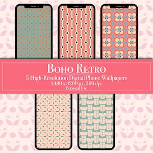 Sfondi Android iPhone Boho Retro – Motivi floreali vintage, design Groovy anni '50-'70 / Download digitale unico, fantastici sfondi per telefono