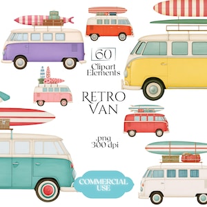 Op de afbeelding: Een verzameling digitale illustraties met diverse retro busjes in kleuren zoals paars, oranje, geel, roze, rood, groenblauw en wit. Elk busje is voorzien van surfplanken en bagage op het dak. De tekst luidt 60 Clipart Elements RETRO VAN .png 300 dpi COMMERCIAL USE.