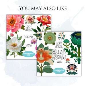 K&ouml;nnte beinhalten: Zwei digitale Kunstdrucke mit floralen Designs. Einer zeigt Pfingstrosen mit dem Text "PEONY" und "Commercial Use". Der andere Druck zeigt "WILLIAM MORRIS - INSPIRED FLOWERS" mit verschiedenen Blumenillustrationen und dem Text "Commercial Use."