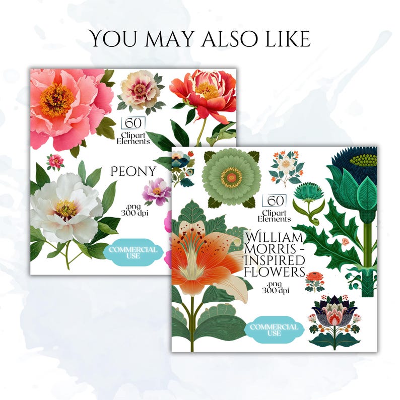 K&ouml;nnte beinhalten: Zwei digitale Kunstdrucke mit floralen Designs. Einer zeigt Pfingstrosen mit dem Text "PEONY" und "Commercial Use". Der andere Druck zeigt "WILLIAM MORRIS - INSPIRED FLOWERS" mit verschiedenen Blumenillustrationen und dem Text "Commercial Use."