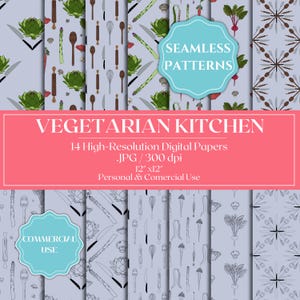 Papier numérique pour cuisine végétarienne, papiers de cuisson de légumes lilas mignons, papier à motifs de chef sans couture, papier de scrapbooking végétalien imprimable
