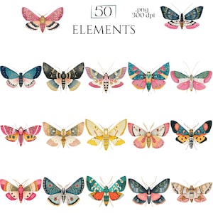 Moths Clipart, Colorful Moth Illustrations, Vintage Insect PNG Elements, Botanical Moth Graphics, Moth Scrapbook, Insect Crafts Junk Journal