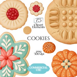 Op de afbeelding: Een verzameling digitale koekjesillustraties met een rond koekje met jamvulling, een bloemvormig koekje met rood en wit glazuur, een rond koekje met textuur, een groot koekje met patroon, een klein rond koekje en een pompoenvormig koekje.