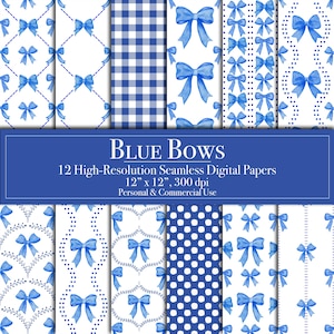 Blauwe strikken digitale papieren, preppy naadloos patroon, blauwe linten plakboekpapier commercieel gebruik, Instant Download Junk Journal Crafts, jongensachtig