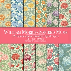 Chrysantheme Digital Paper, William Morris-inspirierte Mütter Nahtloses Digitales Scrapbook Papier, Planer, Kommerzielle Nutzung, Junk Journal, Printable