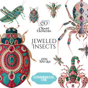 May include: A collection of 60 digital clipart elements featuring jeweled insects, including a large red beetle, a grasshopper, a spider, and a scorpion, all adorned with colorful gemstones and intricate patterns, with text reading 60 Clipart Elements JEWELED INSECTS .png 300 dpi COMMERCIAL USE.