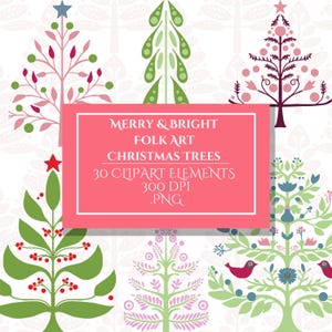 Christmas Trees Clipart, Scandi Folk Art Clip Art Collection, Cute Stickers, Party Decorations, Crafting, Invitations, Planner, Junk Journal