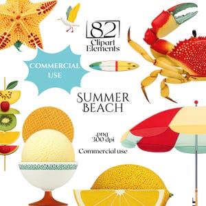Clipart di spiaggia estiva, elementi PNG di vacanze tropicali, pacchetto di icone di mare, illustrazioni estive felici, adesivi per isole per uso commerciale
